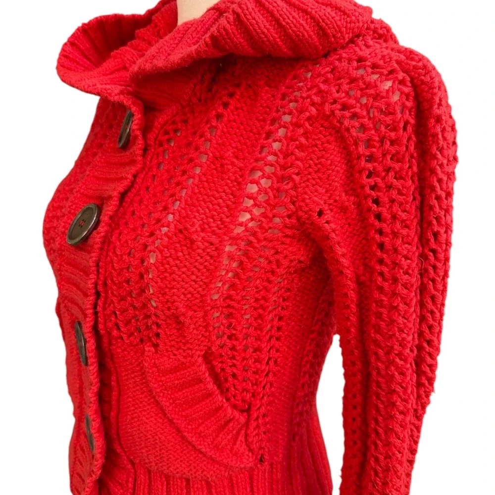 Free People‎ Red Knit Button Front Hooded Cardigan Sweater XS
